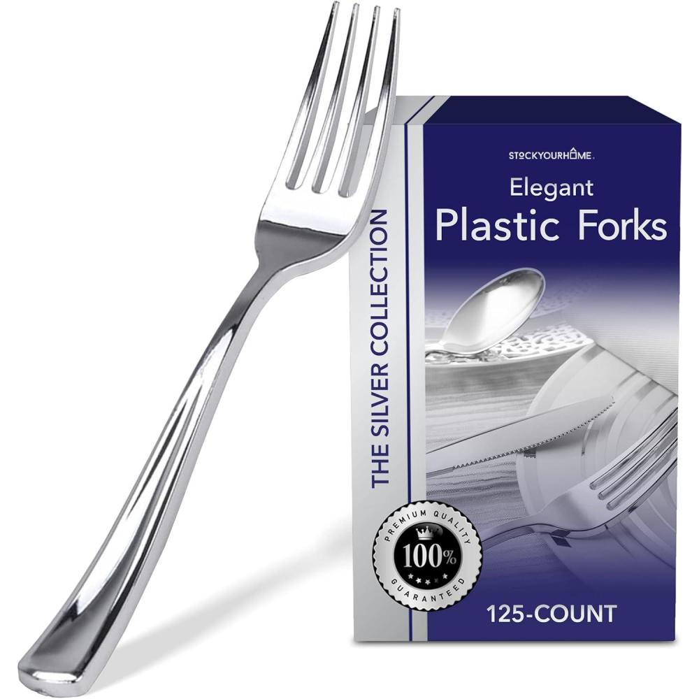 imageStock Your Home 125 Disposable Heavy Duty Plastic Spoons Fancy Plastic Silverware Looks Like Real Cutlery Utensils Perfect for Catering Events Restaurants Parties and Weddings SilverSilver