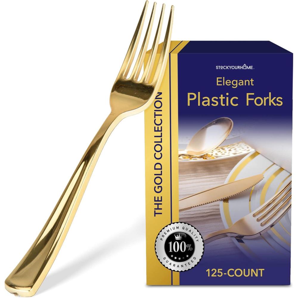 imageStock Your Home 125 Disposable Heavy Duty Plastic Spoons Fancy Plastic Silverware Looks Like Real Cutlery Utensils Perfect for Catering Events Restaurants Parties and Weddings SilverGold