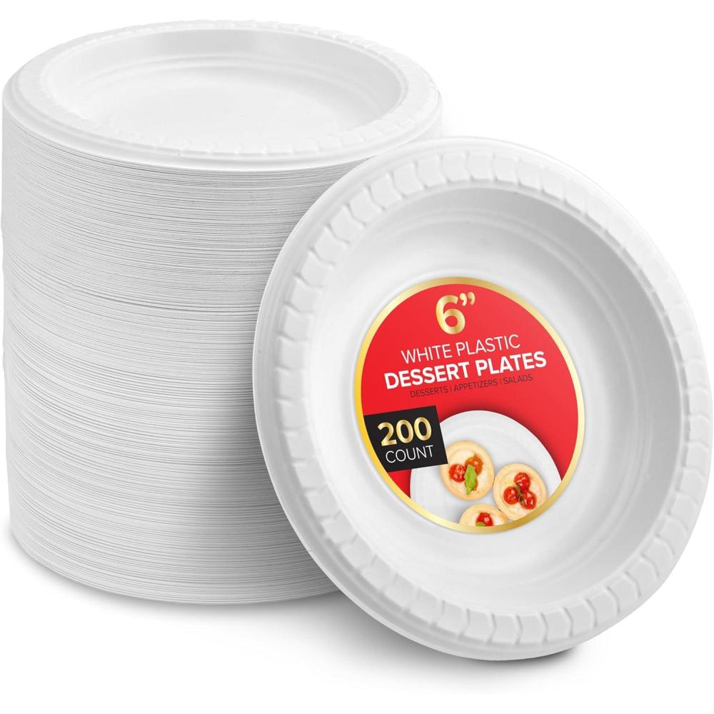 imageStock Your Home 200 Count Premium White Plastic Plates 6 Inch White Disposable Wedding Cake Plates Heavy Duty Plastic Dessert Plates Cocktail Appetizer Plates for Christmas Dinner Parties200