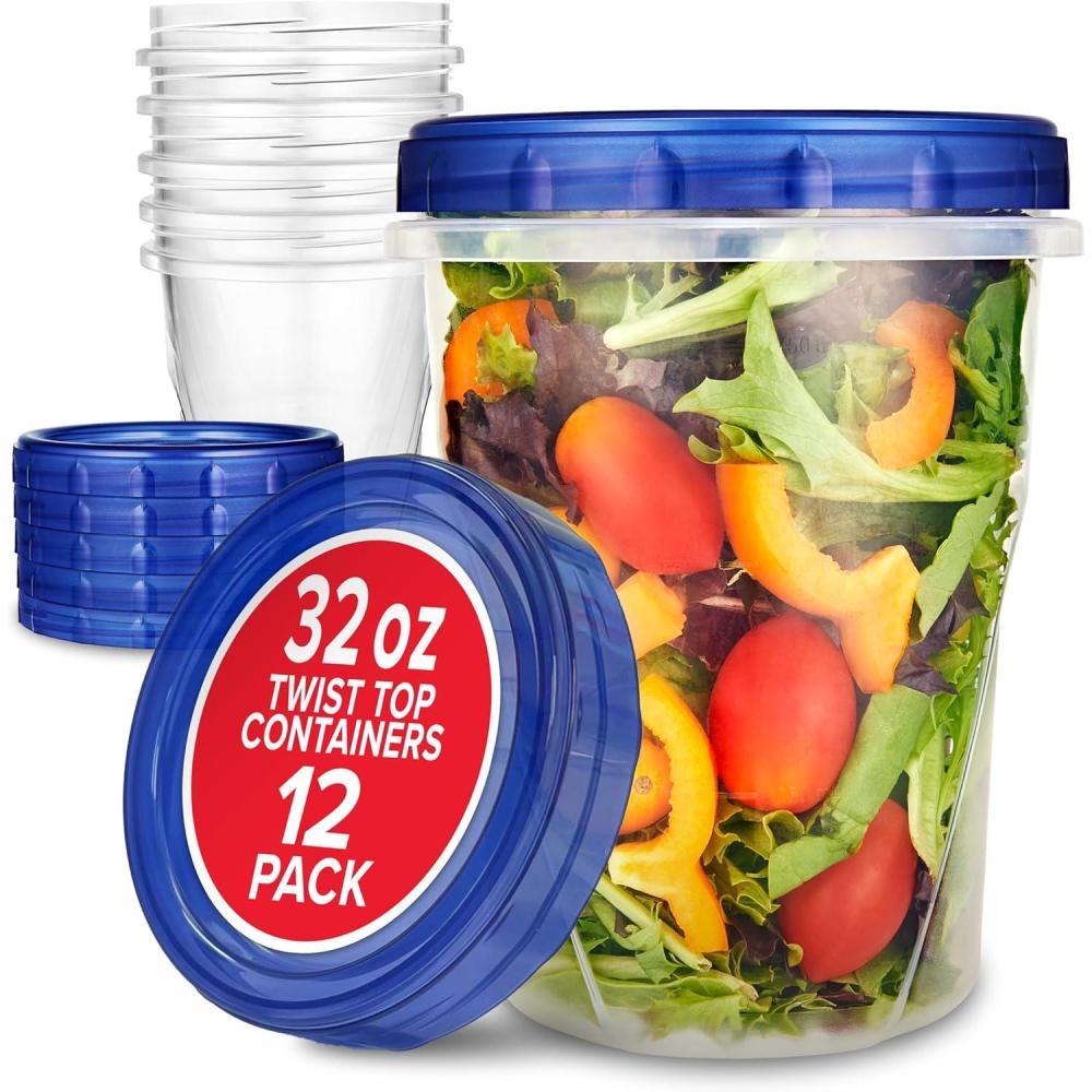 imageStock Your Home 32 oz Plastic Containers with Twist Top Lids 12 Pack Quart Freezer Containers for Leftover Food Airtight Reusable Soup Containers Microwave and Dishwasher Safe