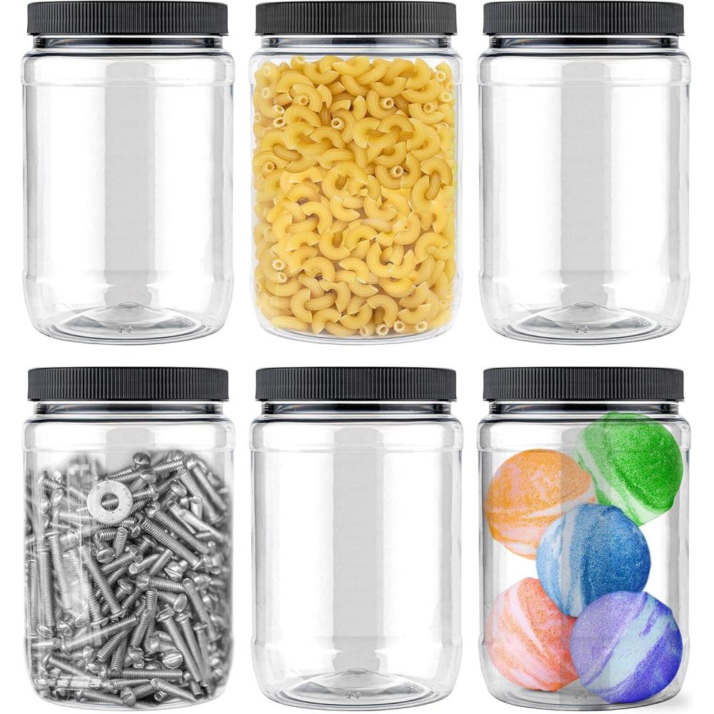 imageStock Your Home 32 oz Plastic Jars 6 Pack BPA Free Plastic Mason Jars for Kitchen Pantry Jars with Airtight Lids for Storing Rice Pasta Coffee Grains Candy CookiesRound