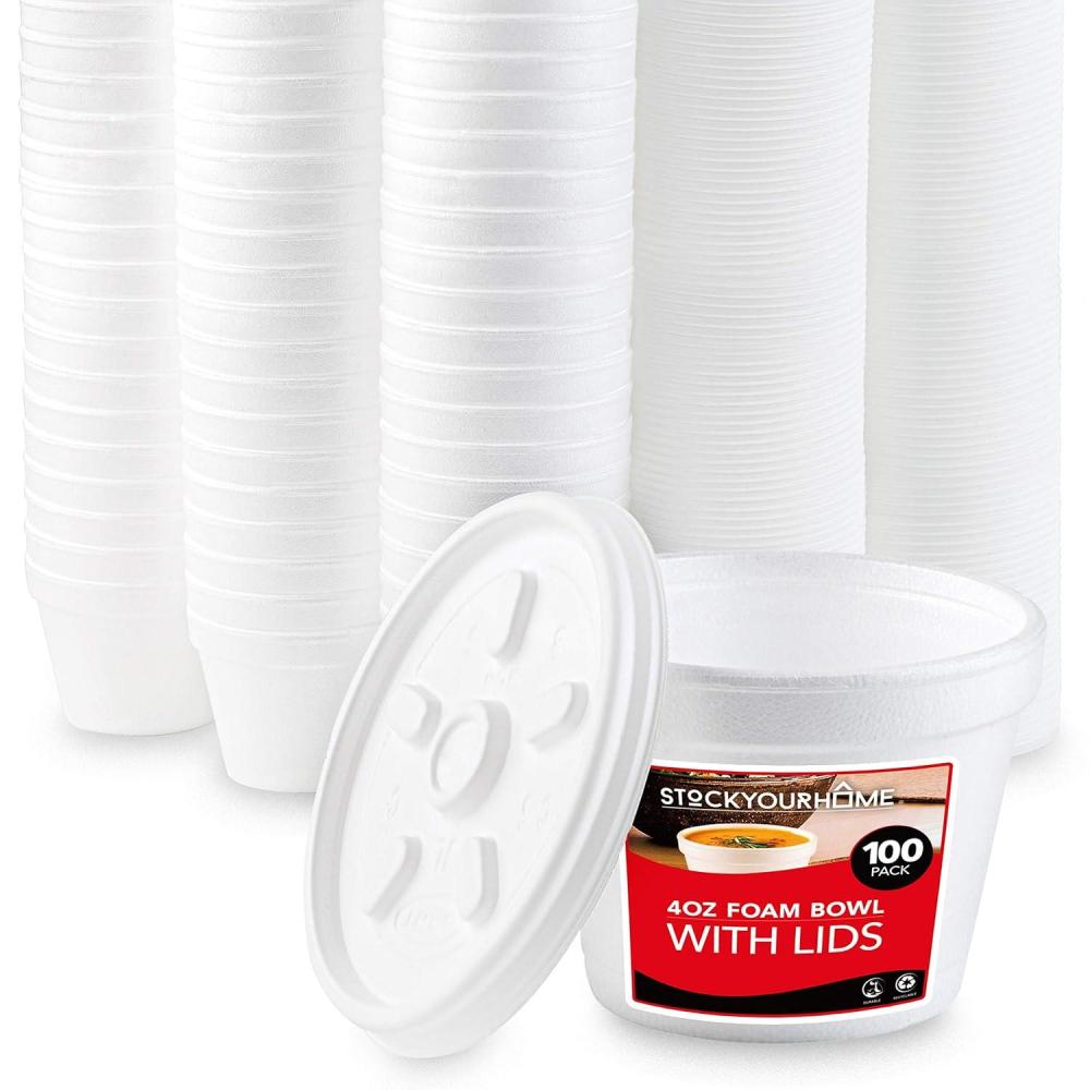 imageStock Your Home 4 Ounce Foam Bowls With Lids 100 Count Insulated To Go Cups Containers for Soup Oatmeal Ice Cream For Delis Cafes Restaurants4 Oz 100 Count