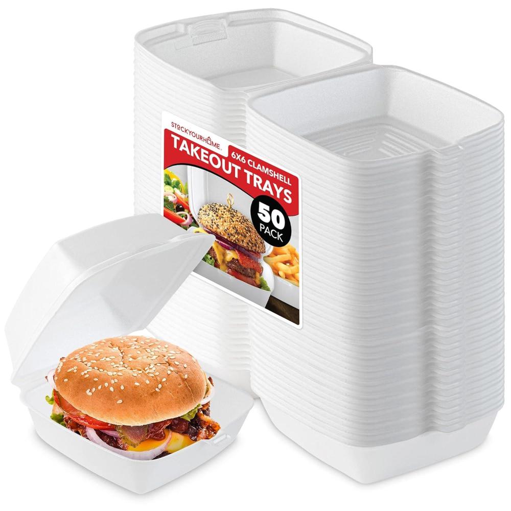 imageStock Your Home 6x6 Clamshell Take Out Boxes 50 Pack Small 1Compartment Foam Food Containers Disposable Lunch Container Restaurant Togo Trays with Hinged Lids for Takeout Carryout and MealPrep