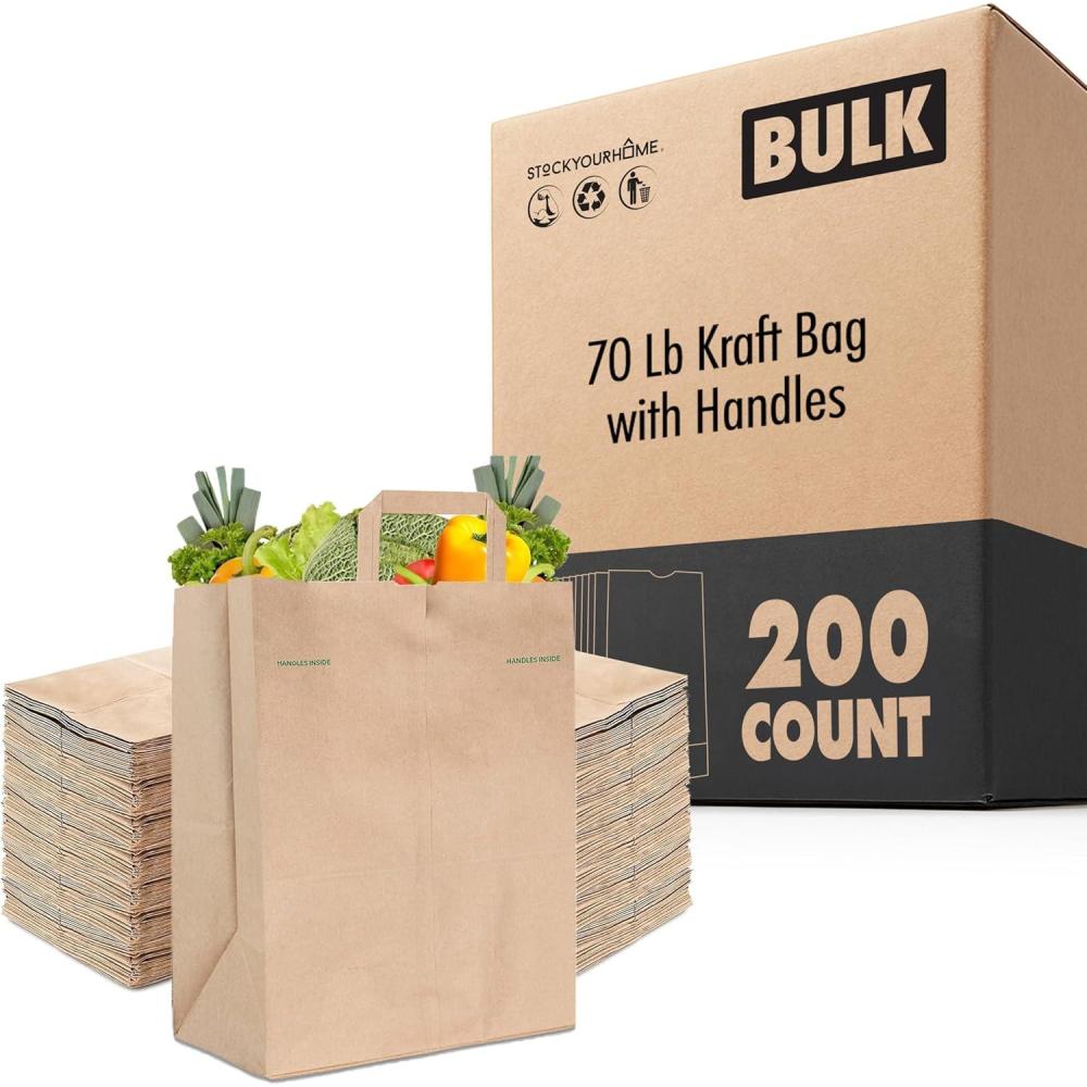 imageStock Your Home 70 Lb Kraft Brown Paper Bags with Handles 50 Count Kraft Brown Paper Grocery Bags Bulk Large Paper Bags with Handles for Grocery Shopping Handles Provide Grip for Trash Bag Use200