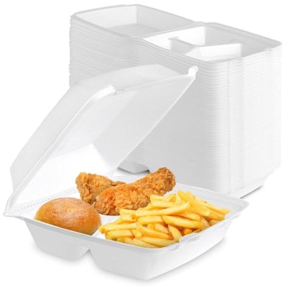 imageStock Your Home 8x8 Clamshell Take Out Boxes 25 Pack Medium 3Compartment Foam Food Containers Disposable Lunch Container Restaurant Togo Trays with Hinged Lids for Takeout Carryout and MealPrep