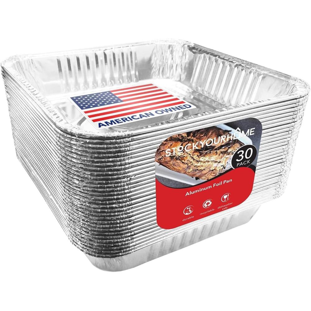 imageStock Your Home 9x9 Aluminum Foil Pans 875 L Rim 30 Pack Square Tins for Toaster Oven Cooking Lasagna Casserole and Doing Food Prep Disposable Baking Pan for Cake or Brownie Dish