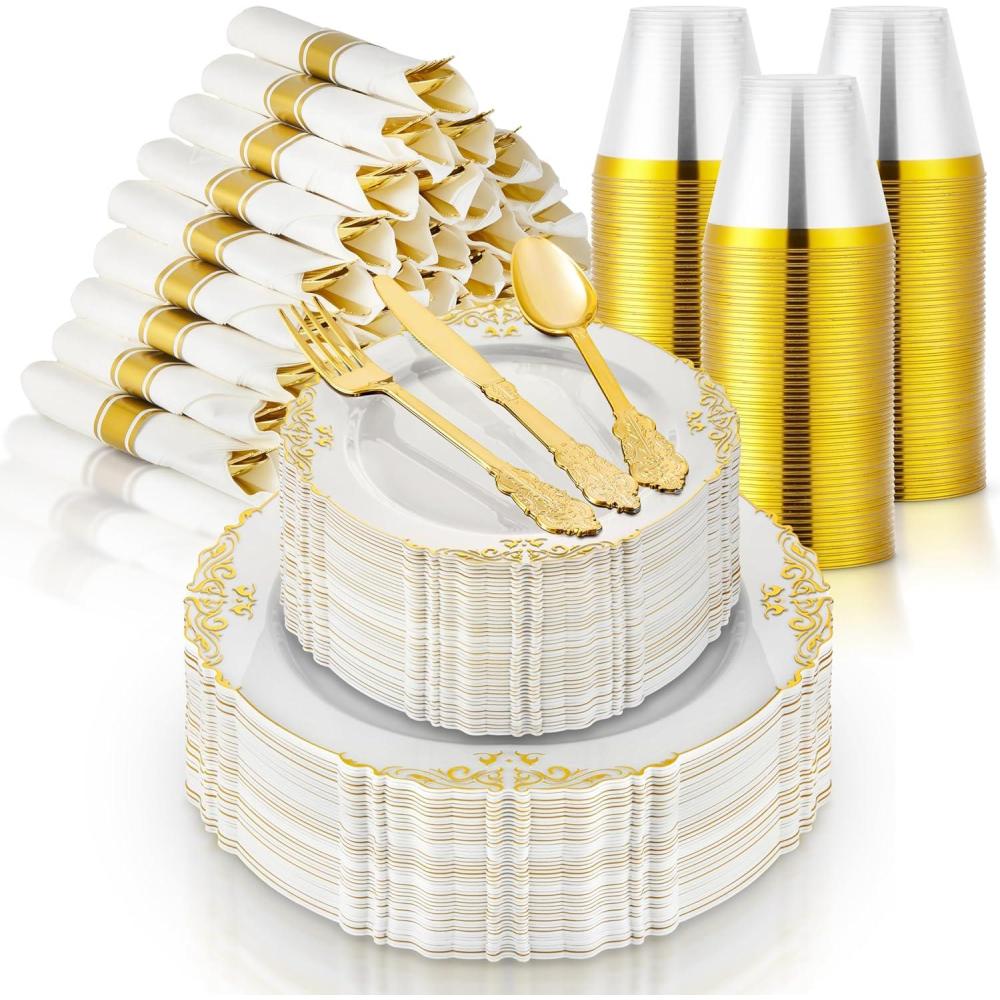imageStock Your Home Black and Gold Plates Set with PreRolled Cutlery with Napkins amp Gold Cups Dinnerware for 50 Guests 350pcs Disposable Party Sets for Wedding Bridal Shower Graduation PartiesWhite  Gold
