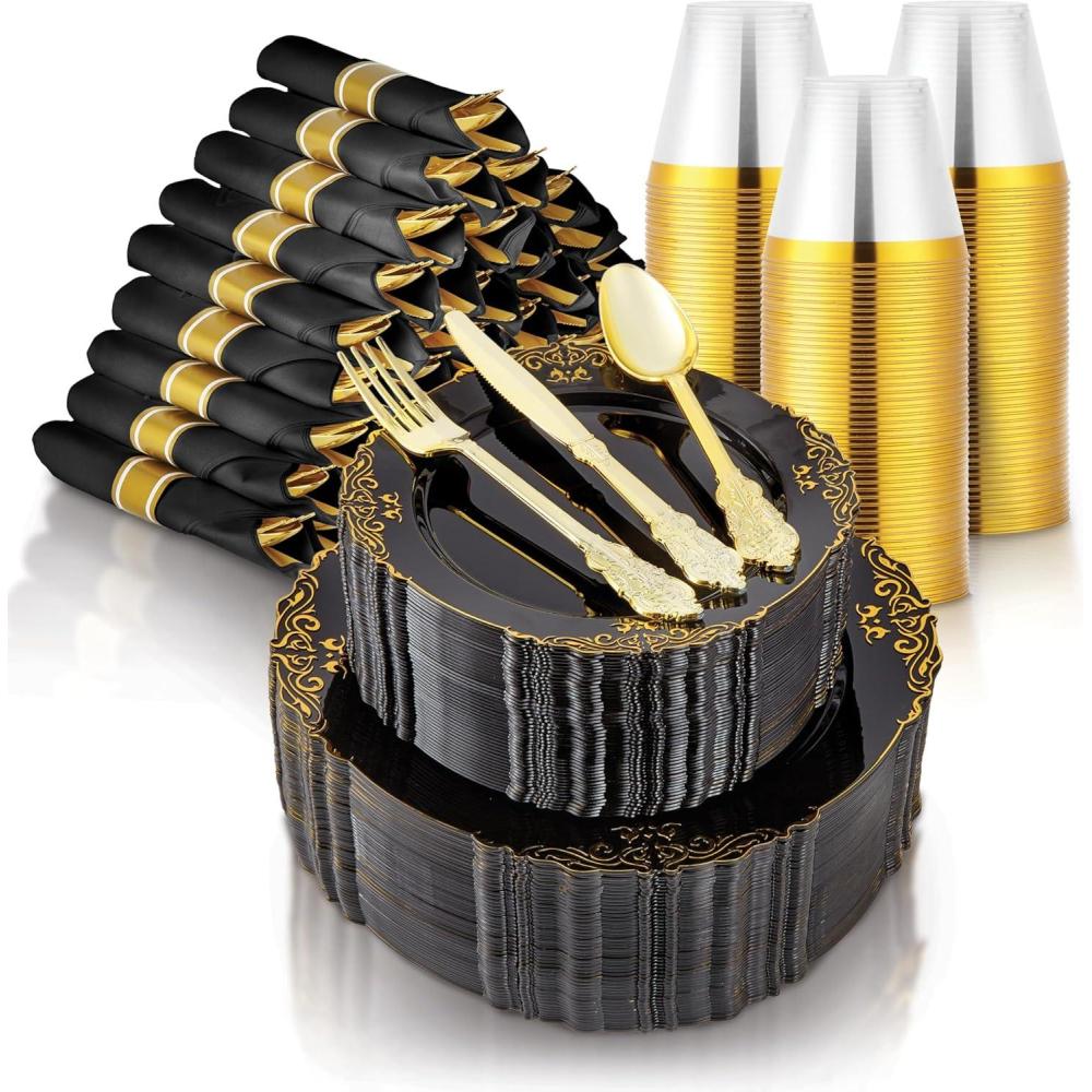 imageStock Your Home Black and Gold Plates Set with PreRolled Cutlery with Napkins amp Gold Cups Dinnerware for 50 Guests 350pcs Disposable Party Sets for Wedding Bridal Shower Graduation PartiesBlack Gold