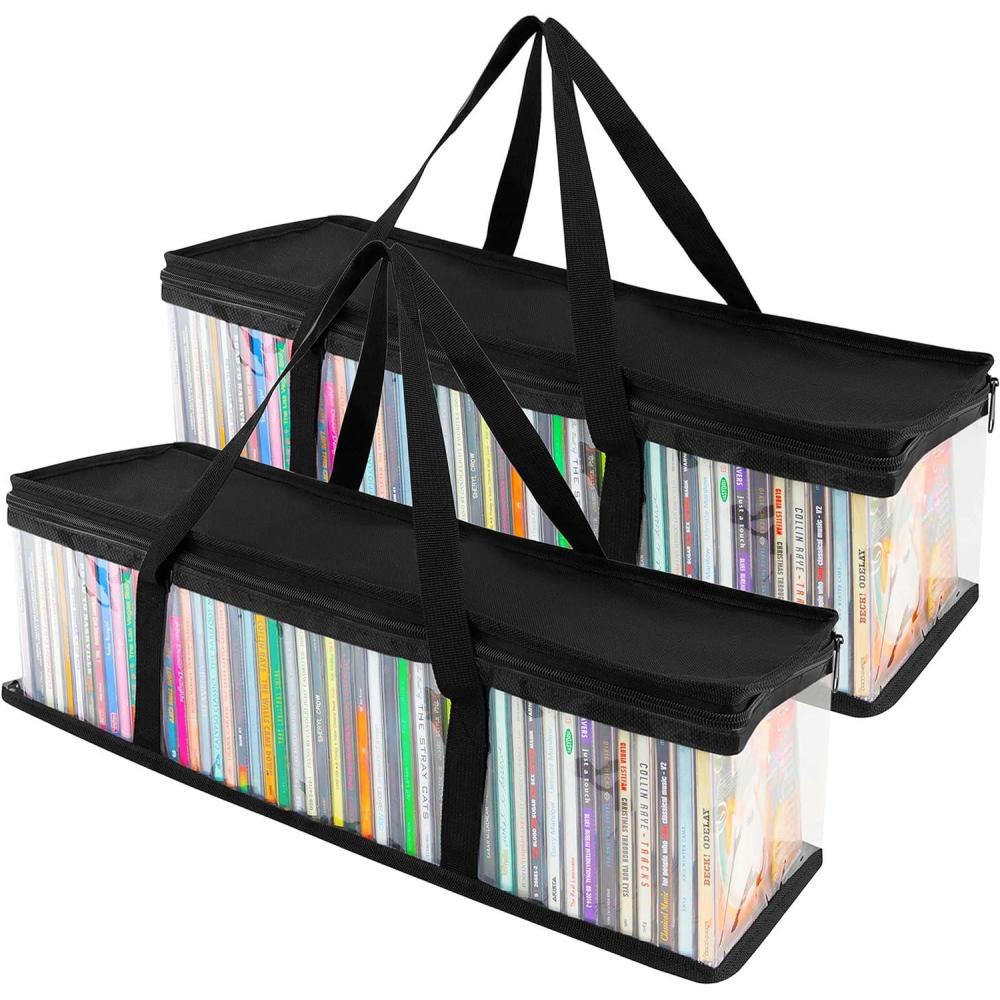 imageStock Your Home CD Storage Bags 2 Pack Transparent PVC Media Storage Water Resistant Holder Case With Handles Clear Plastic Carrying Game Bag for Albums Video Games Books2 Pack