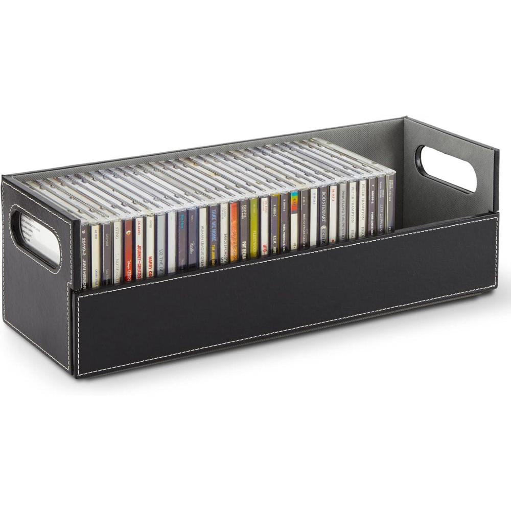 imageStock Your Home CD Storage Box Organizer Shelf for Movie Cases DVDs Cassette Tape Display Stand Disc Holder Can Store Up to 40 CDs Faux Leather WhiteBlack
