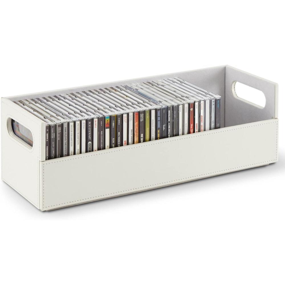 imageStock Your Home CD Storage Box Organizer Shelf for Movie Cases DVDs Cassette Tape Display Stand Disc Holder Can Store Up to 40 CDs Faux Leather WhiteWhite