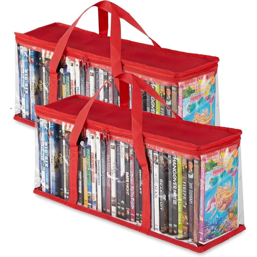 imageStock Your Home DVD Storage Bags Set of 4 Media Organizer Bag for DVDs CDs Blu Ray Disc Movie Cases VHS Box Video Game Disks Clear Plastic Holders with Carrying Handles and Zipper WhiteRed