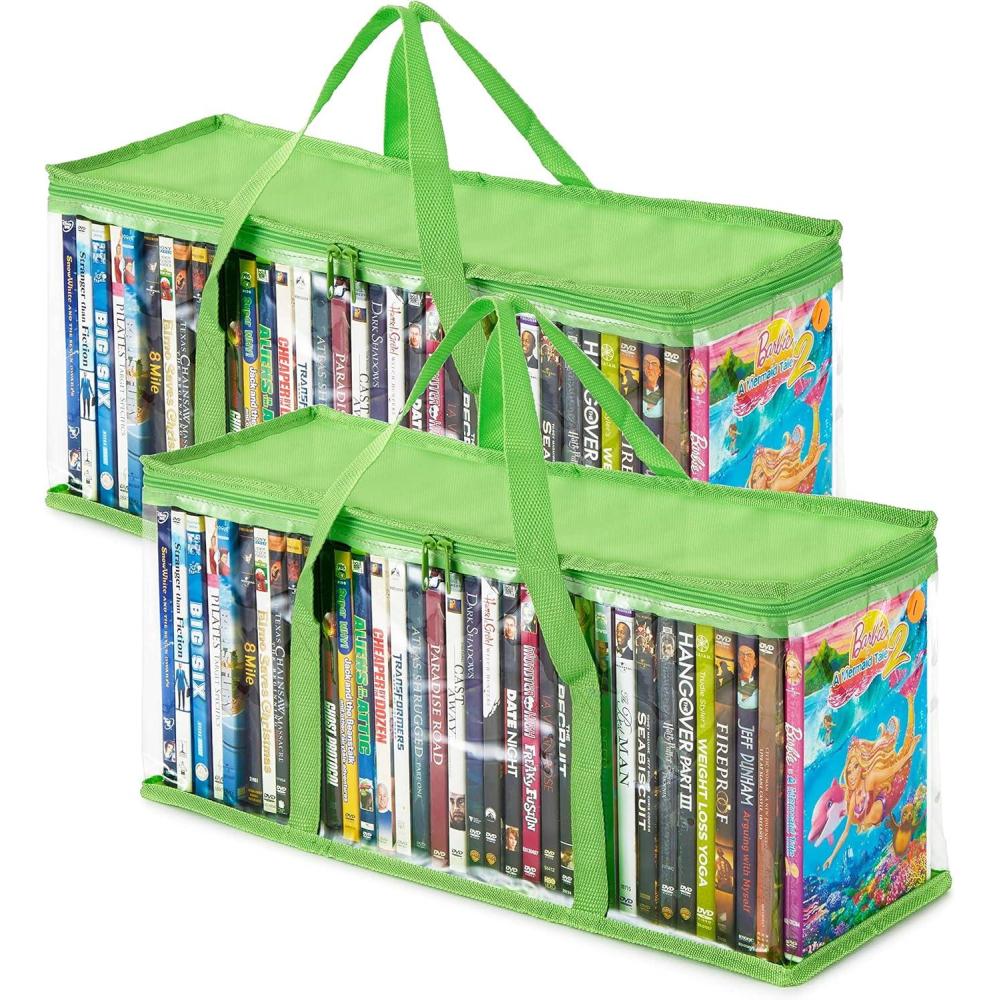 imageStock Your Home DVD Storage Bags Set of 4 Media Organizer Bag for DVDs CDs Blu Ray Disc Movie Cases VHS Box Video Game Disks Clear Plastic Holders with Carrying Handles and Zipper WhiteGreen