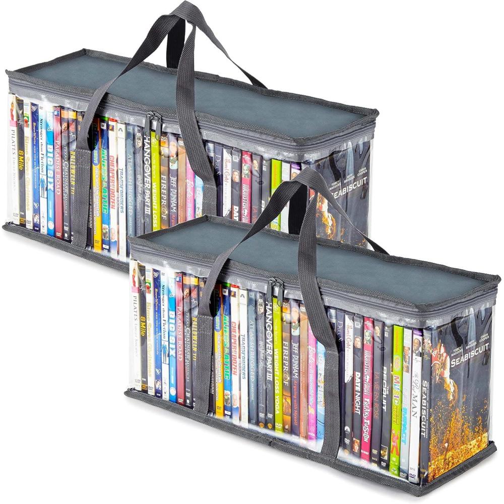 imageStock Your Home DVD Storage Bags Set of 4 Media Organizer Bag for DVDs CDs Blu Ray Disc Movie Cases VHS Box Video Game Disks Clear Plastic Holders with Carrying Handles and Zipper WhiteGray