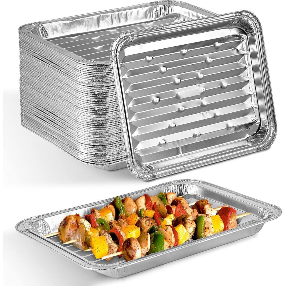 imageStock Your Home Disposable Aluminum Foil Broiler Pan for Oven 25 Pack Sheet Pans for Grilling Roasting Rack Trays with Ribbed Surface for BBQ GrillLike Texture