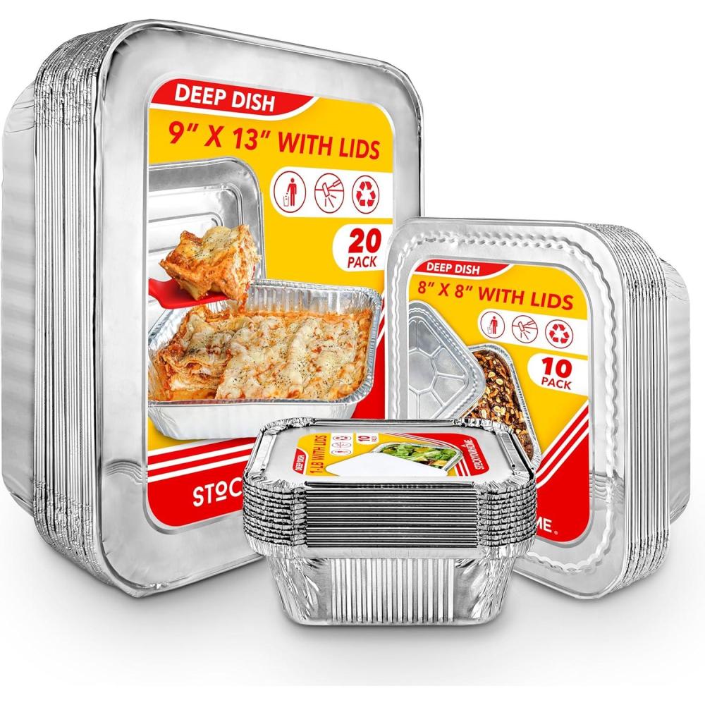imageStock Your Home Disposable Foil Pans with Lids Set of 40 Heavy Duty Aluminum Pans with Lids 20 9x13 10 8x8 10 1Lb Baking Tins with Covers for Cooking Heating Storing Holiday Dinner MealsAssorted 40 Pack w Lids