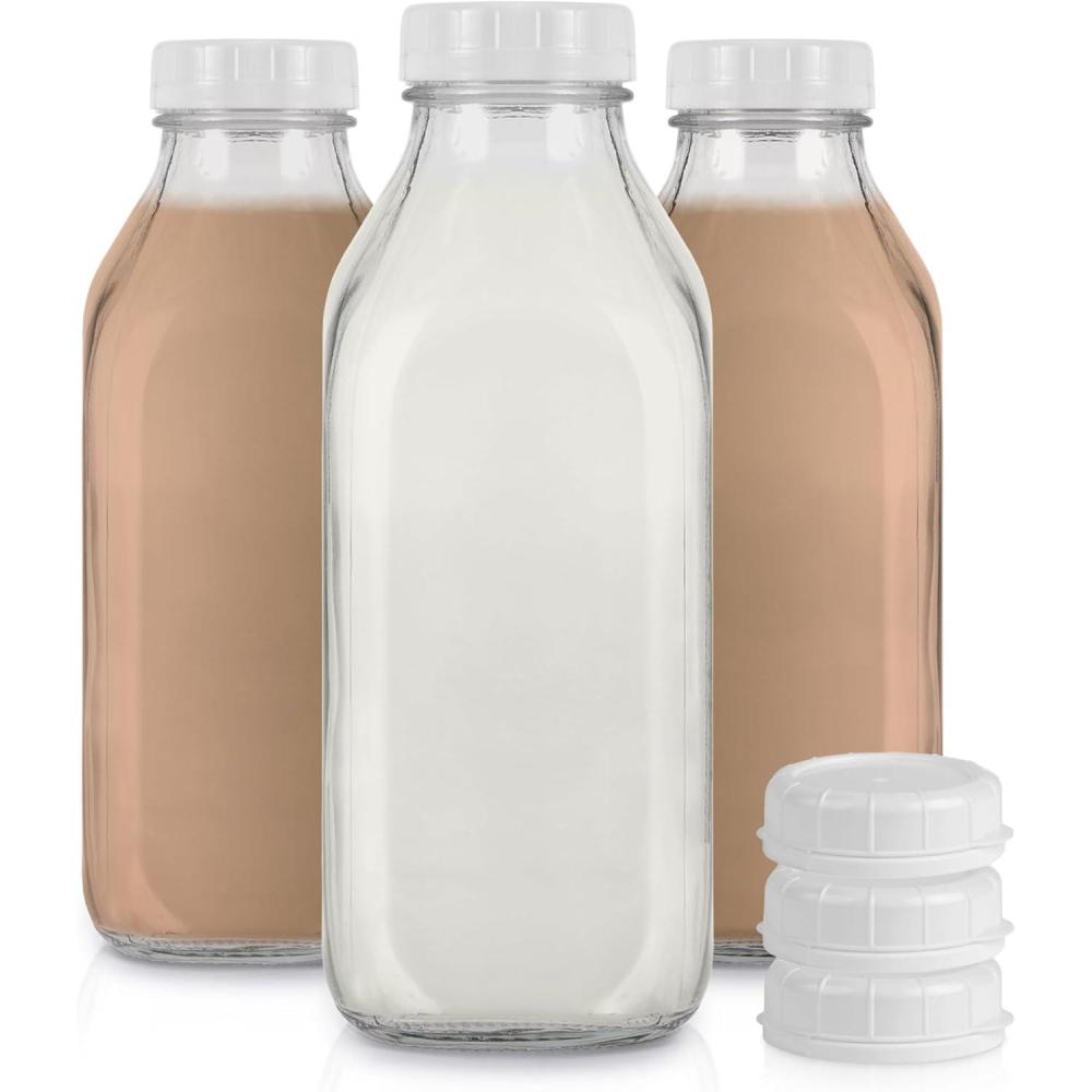 imageStock Your Home Half Gallon Glass Milk Bottle with Lid 3 Pack 64 Oz Jugs and 6 White Caps Reusable Food Grade Milk Container for Refrigerator Bottles for Juice Oat or Plant Milks Water Honey32 oz