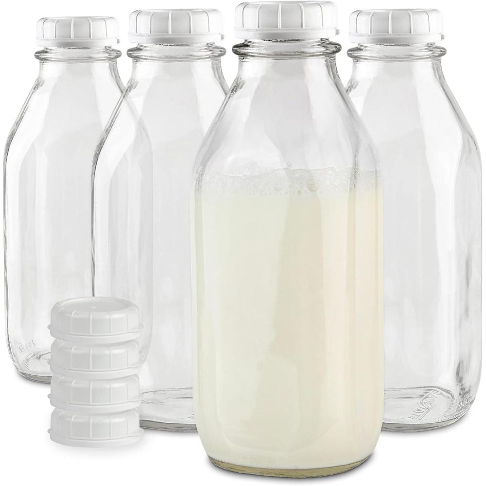 imageStock Your Home Liter Glass Milk Bottles 2 Pack 32Oz Milk Jars with Lids Food Grade Glass Bottles Dishwasher Safe Bottles for Milk Buttermilk Honey Maple Syrup Jam BBQ Sauce32oz 4 Pack