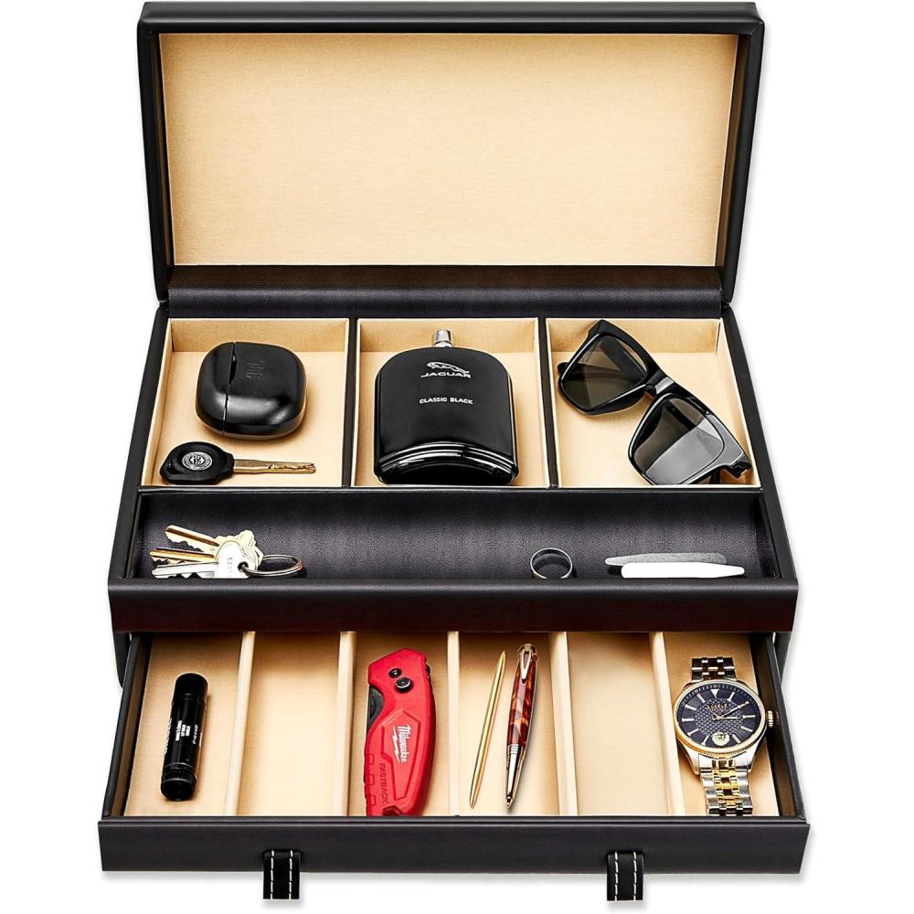 imageStock Your Home Mens Valet Tray Mens Jewelry Box Night Stand Organizers and Storage Bedside Table Organizer Watch Box for Dresser Faux Leather Black amp BeigeBlack Beige