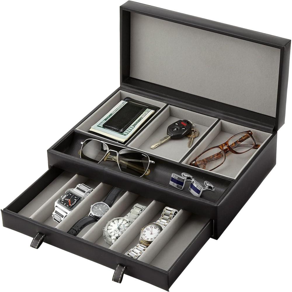 imageStock Your Home Mens Valet Tray Mens Jewelry Box Night Stand Organizers and Storage Bedside Table Organizer Watch Box for Dresser Faux Leather Black amp BeigeBlack Gray