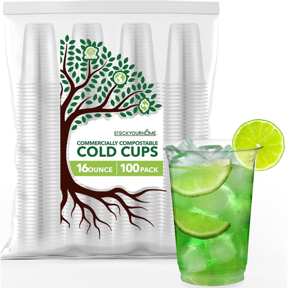 Stock Your Home 16 oz Premium Commercially Compostable Cold Cups (50 ...