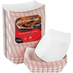 100-Pack 3 lb Paper Food Trays – Red & White Checkered Disposable Paper Food Boats, Eco-Friendly Serving Trays for Concessions, Nachos, Snacks & Condiments – 5.75″ x 3″(1/4 lb)
