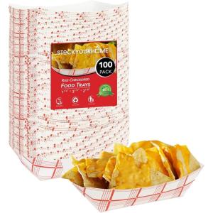 100-Pack 3 lb Paper Food Trays – Red & White Checkered Disposable Paper Food Boats, Eco-Friendly Serving Trays for Concessions, Nachos, Snacks & Condiments – 5.75″ x 3″(1/2 lb)