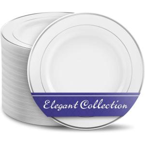 10.25″ White and Silver Plastic Dinner Plates (100 Pack) – Elegant, Heavy Duty Disposable Set for 100 Guests – Wedding, Thanksgiving, Christmas(Silver)