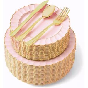 125-Piece White, Blue, and Gold Fancy Plastic Plates Disposable with Silverware, Elegant Dinnerware for Weddings, Holiday Party China, Set of 25 Dinner + Salad Plates, 25 Spoons, 25 Forks, 25 Knives(Pink Scalloped)