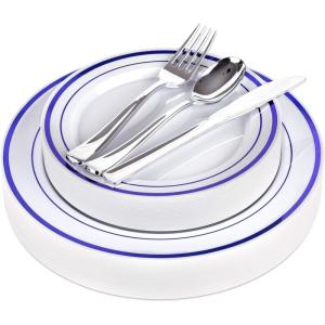 125-Piece White, Blue, and Gold Fancy Plastic Plates Disposable with Silverware, Elegant Dinnerware for Weddings, Holiday Party China, Set of 25 Dinner + Salad Plates, 25 Spoons, 25 Forks, 25 Knives(Blue Rim)
