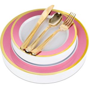 125-Piece White, Blue, and Gold Fancy Plastic Plates Disposable with Silverware, Elegant Dinnerware for Weddings, Holiday Party China, Set of 25 Dinner + Salad Plates, 25 Spoons, 25 Forks, 25 Knives(Pink & Gold Rim)