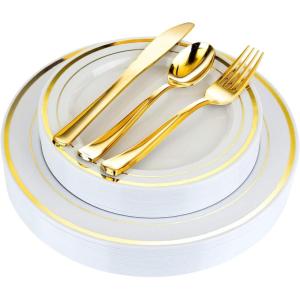125-Piece White, Blue, and Gold Fancy Plastic Plates Disposable with Silverware, Elegant Dinnerware for Weddings, Holiday Party China, Set of 25 Dinner + Salad Plates, 25 Spoons, 25 Forks, 25 Knives(Gold Rim)