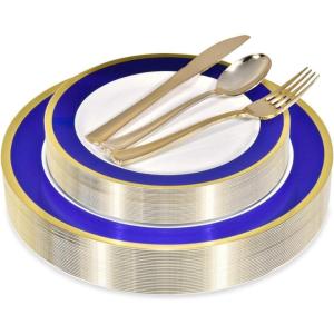 125-Piece White, Blue, and Gold Fancy Plastic Plates Disposable with Silverware, Elegant Dinnerware for Weddings, Holiday Party China, Set of 25 Dinner + Salad Plates, 25 Spoons, 25 Forks, 25 Knives(Blue & Gold Rim)