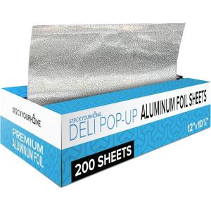 200 Count Pre-Cut Deli Aluminum Foil – 9” Pop Up Sheets for Restaurant, Disposable Food Covers for Burrito, Hot Dog or Sandwich, Stock Your Home, Silver(12 Inch)