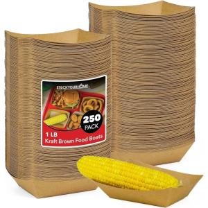 [250 Pack] Small Disposable Brown Kraft Paper Food Trays, 0.5-Lb Concession Tray, Serving Boats for Party Snacks, Taco Bar, Seafood, Nachos Plates, Half-Pound(1-Lb)