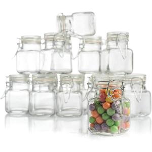 (3 oz) Small Square Glass Jars with Airtight Round Lids, Empty Spice Containers with Labels, Leak Proof Rubber Gasket and Hinged Lid, Chalkboard Label & Marker Included, For Home or Kitchen (12 Pack)