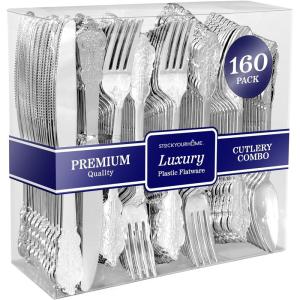 300 Pcs Silver Plastic Silverware Set – 100 Forks, 100 Spoons, 100 Knives, Heavy Duty Disposable Utensils, Elegant Flatware for Dinner Party, Wedding(Silver)