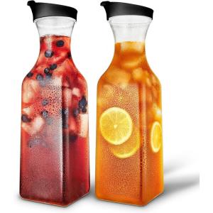 50oz Plastic Juice Carafe with Black Lids (4 Pack) 50 oz Carafes for Mimosa Bar, Drink Pitcher with Lid, Milk Container, Clear Beverage Containers for Fridge, Pantry Storage, Square Pitchers(2)