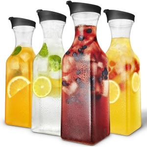 50oz Plastic Juice Carafe with Black Lids (4 Pack) 50 oz Carafes for Mimosa Bar, Drink Pitcher with Lid, Milk Container, Clear Beverage Containers for Fridge, Pantry Storage, Square Pitchers(4)