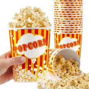 64 Oz Popcorn Buckets, Disposable Containers (25 Count), Large Cups, Cardboard Bucket for Family Movie Night, Popcorn Tub, Vintage Bowls for Concession Stand, Carnival Supplies(25)