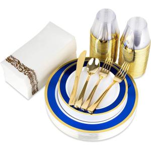 Blue and Gold Rim Plastic Dinnerware (200-Piece) Plastic Plates, Cutlery, Cups and Napkins – Service for 25 Guests Place Setting for Wedding, Party, Shower, Birthday, Holiday(200-Piece)