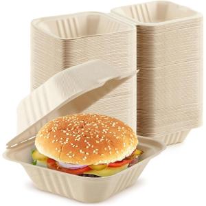Clamshell Take Out Food Containers 6″ x 6” (50 Pack) 1-Compartment, Disposable To Go Container, Togo Boxes With Lids, Trays for Lunch, Dinner, Meal-Prep, Eco Friendly, Compostable, Biodegradable