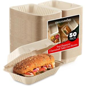 Clamshell Take Out Food Containers 8 x 8 (50 Pack) 3-Compartment, Disposable To Go Container, Togo Boxes With Lids, Trays for Lunch, Dinner, Meal-Prep, Eco Friendly, Compostable, Biodegradable(9 X 6  1 Part)