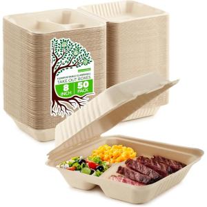 Clamshell Take Out Food Containers 8 x 8 (50 Pack) 3-Compartment, Disposable To Go Container, Togo Boxes With Lids, Trays for Lunch, Dinner, Meal-Prep, Eco Friendly, Compostable, Biodegradable(8 x 8  3-Compartment)