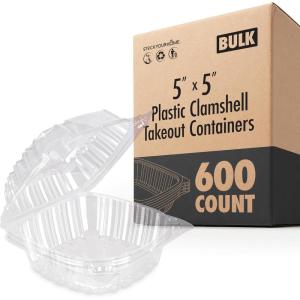 Disposable Plastic To Go Containers with Clear Lids (50 Pack) Fancy Hinged Top Square Clamshell Food Boxes for Take Out, Home Party Togo Clam Shell Box to Carry Cake, Dessert, Small Sandwich(5″ x 5″ – 600 Count)