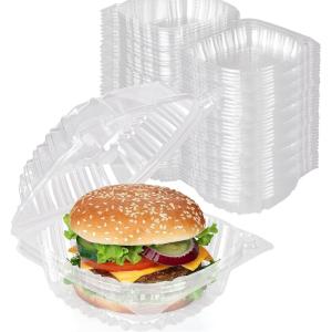 Disposable Plastic To Go Containers with Clear Lids (50 Pack) Fancy Hinged Top Square Clamshell Food Boxes for Take Out, Home Party Togo Clam Shell Box to Carry Cake, Dessert, Small Sandwich(5″ x 5″ – 100 Count)
