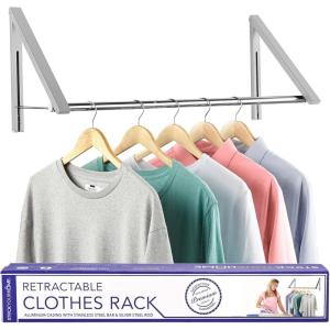 Double Foldable Clothing Rack w/ Extension Rod, Wall-Mounted Retractable Clothes Hanger for Laundry Dryer Room, Hanging Drying Rod, Small Collapsible Folding Garment Racks, Dorm Accessories (Gray)(Chrome)