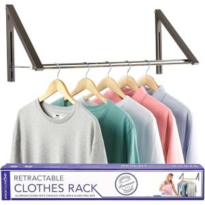 Double Foldable Clothing Rack w/ Extension Rod, Wall-Mounted Retractable Clothes Hanger for Laundry Dryer Room, Hanging Drying Rod, Small Collapsible Folding Garment Racks, Dorm Accessories (Gray)(Gray)