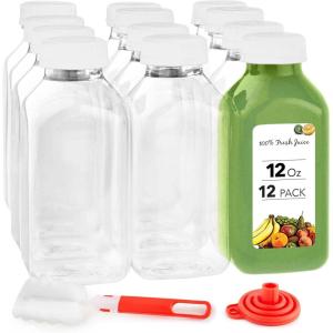 Empty Plastic Juice Bottles Bulk with Caps for Juicing & Smoothies, Reusable Clear , 16 Ounce Drink Containers for Mini Fridge, Juicer Shots, Small 16 oz (12 Pack)(White Cap)