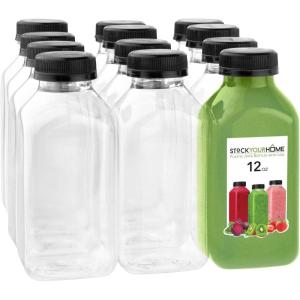 Empty Plastic Juice Bottles Bulk with Caps for Juicing & Smoothies, Reusable Clear , 16 Ounce Drink Containers for Mini Fridge, Juicer Shots, Small 16 oz (12 Pack)(Black Cap)